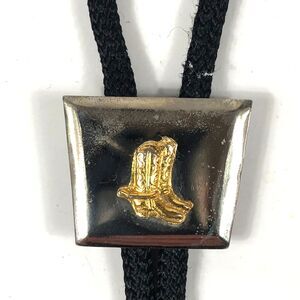 Vintage Bolo Tie Black Cord Western Cowboy Boots Silver Gold Tone Slide